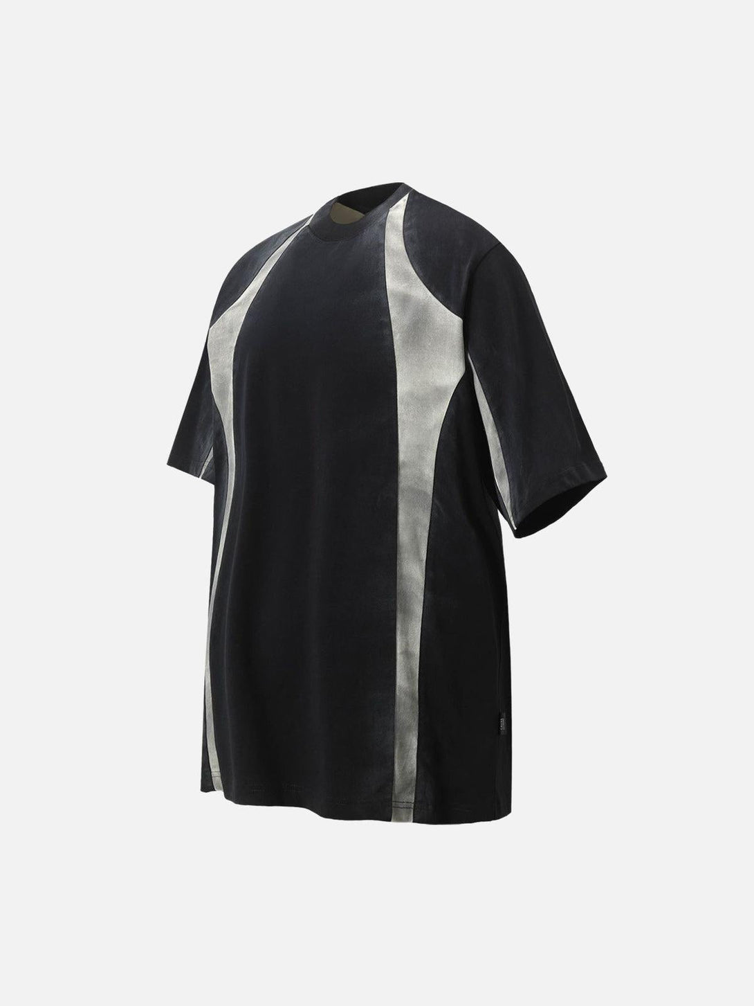 TALISHKO T-shirt in black with retro patchwork, side view highlighting its unique style.