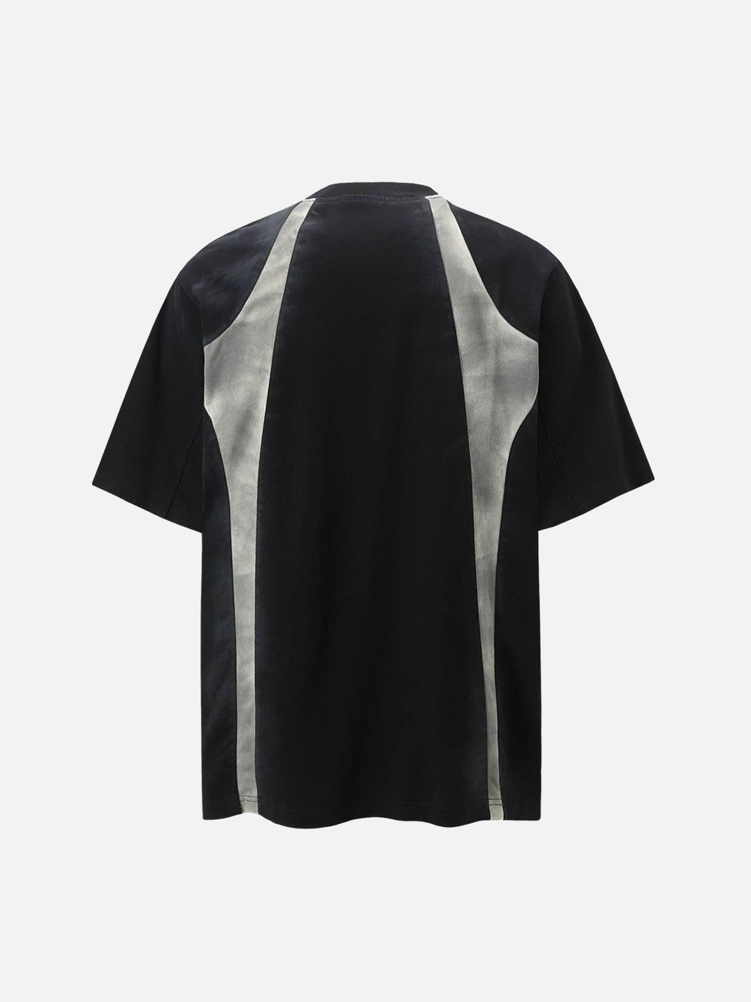 Rear view of TALISHKO's T-shirt, showcasing unique patchwork design with a retro vibe.