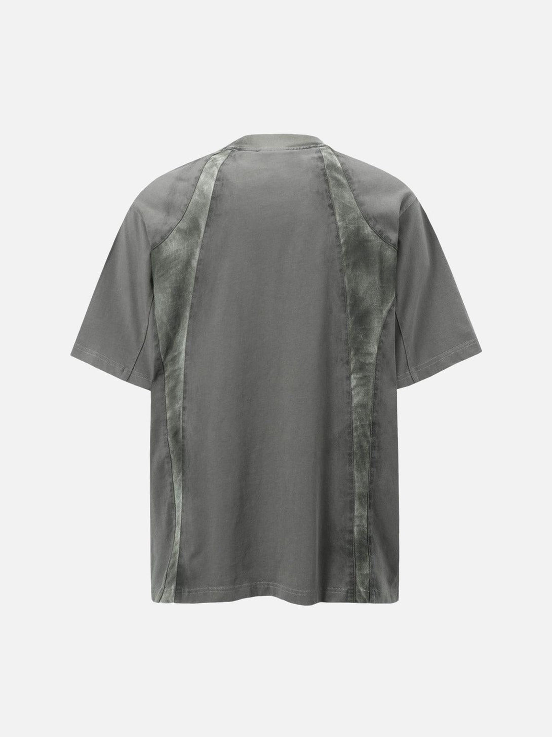 Rear view of TALISHKO's retro patchwork T-shirt, featuring a unique dirty dyed design.