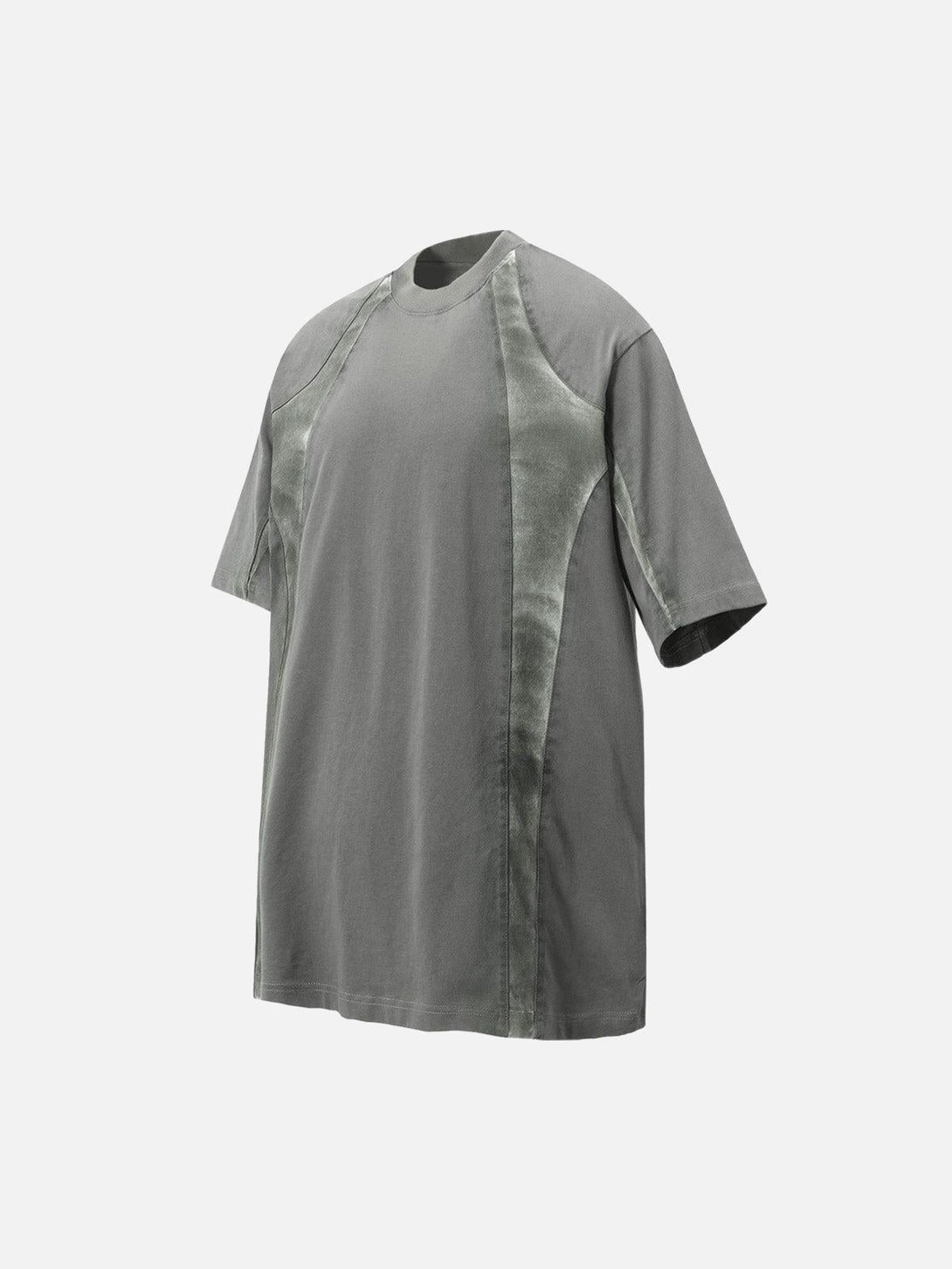 Gray patchwork T-shirt by TALISHKO, side view highlighting its unique retro design.