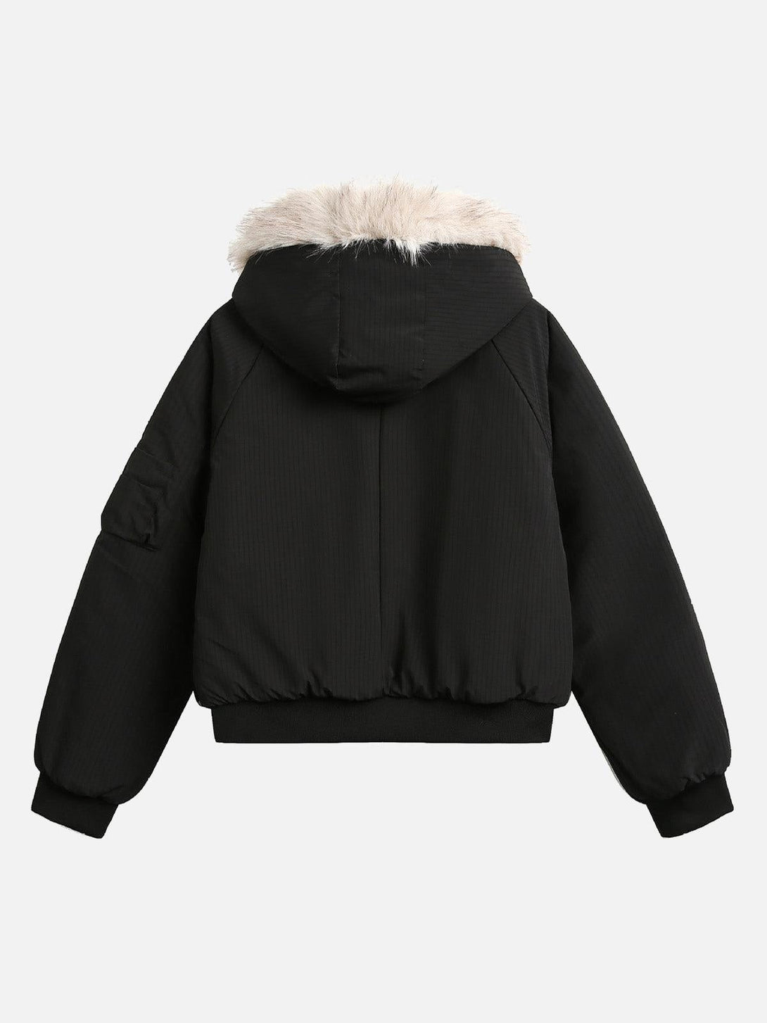 Back view of a black retro fleece bomber jacket with fur hood, designed by TALISHKO.