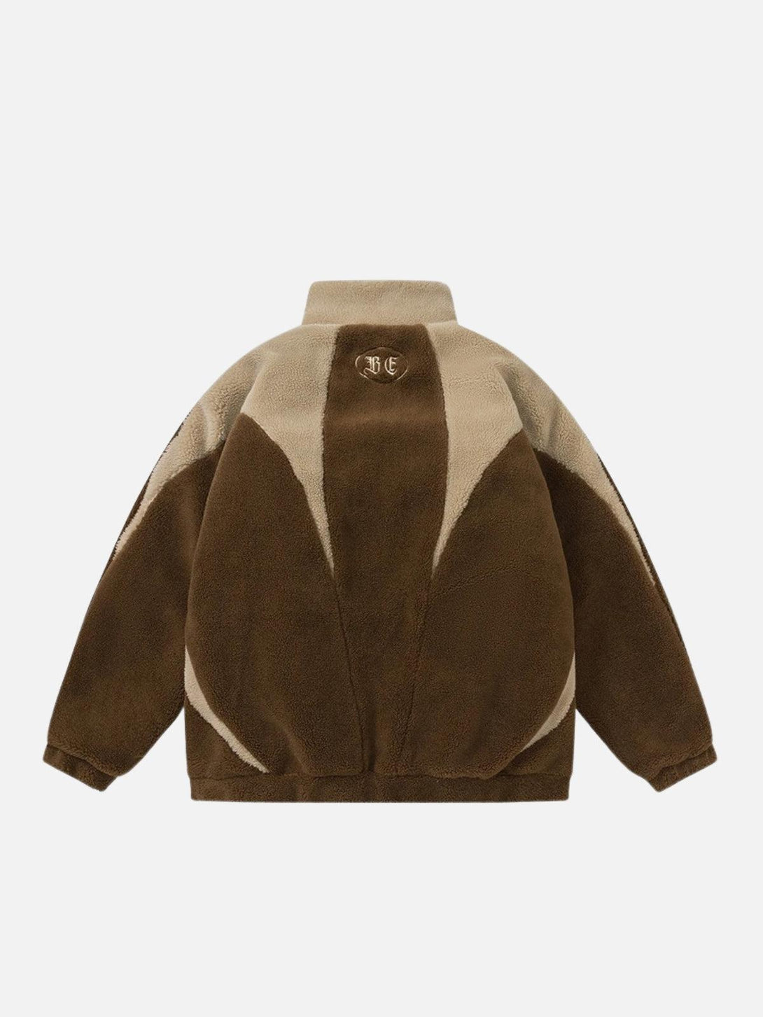 Back view of a retro furry fleece jacket by TALISHKO, highlighting its bold geometric design.