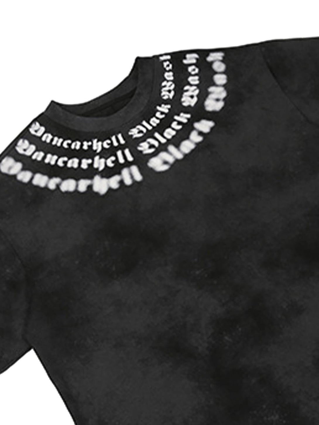 Detailed view of TALISHKO's retro gradient crew neck shirt, highlighting the bold text design.