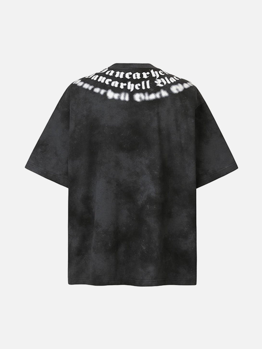 Back view of TALISHKO's black retro gradient crew neck shirt featuring bold text design.