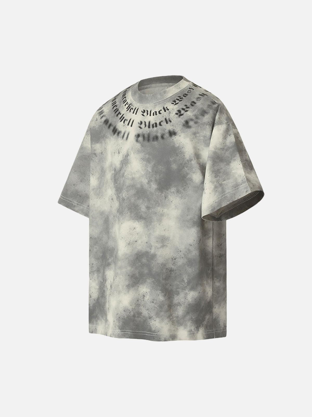 Side view of TALISHKO's retro gradient crew neck shirt in a cloudy pattern, showcasing unique text design.