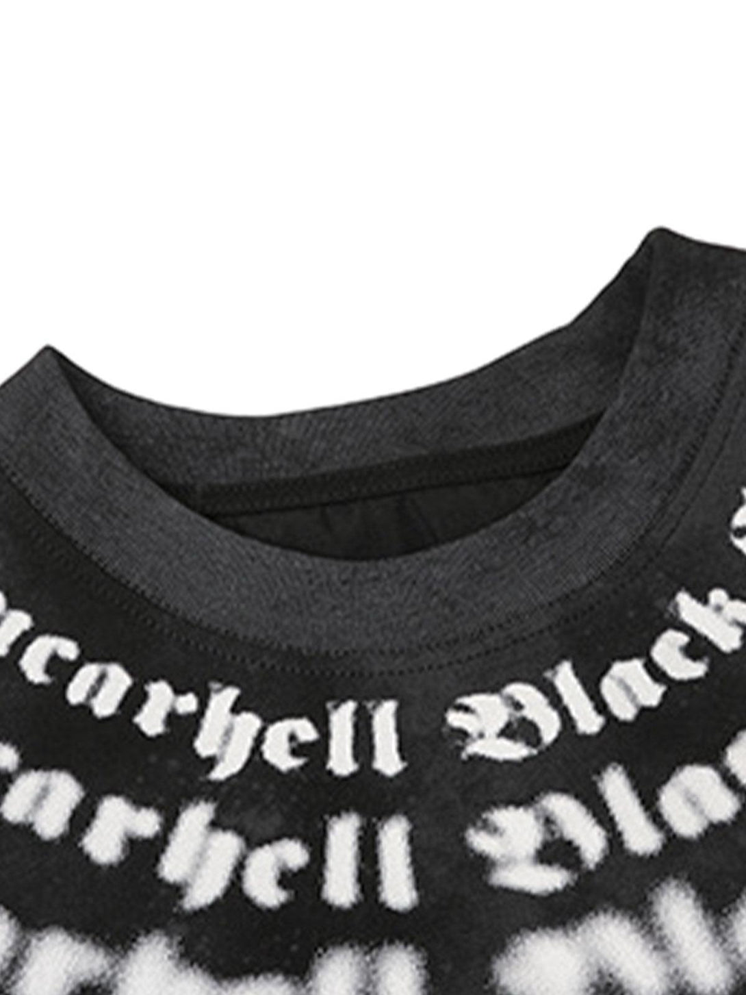 Zoomed-in texture of TALISHKO's retro gradient crew neck shirt, showcasing bold text design.