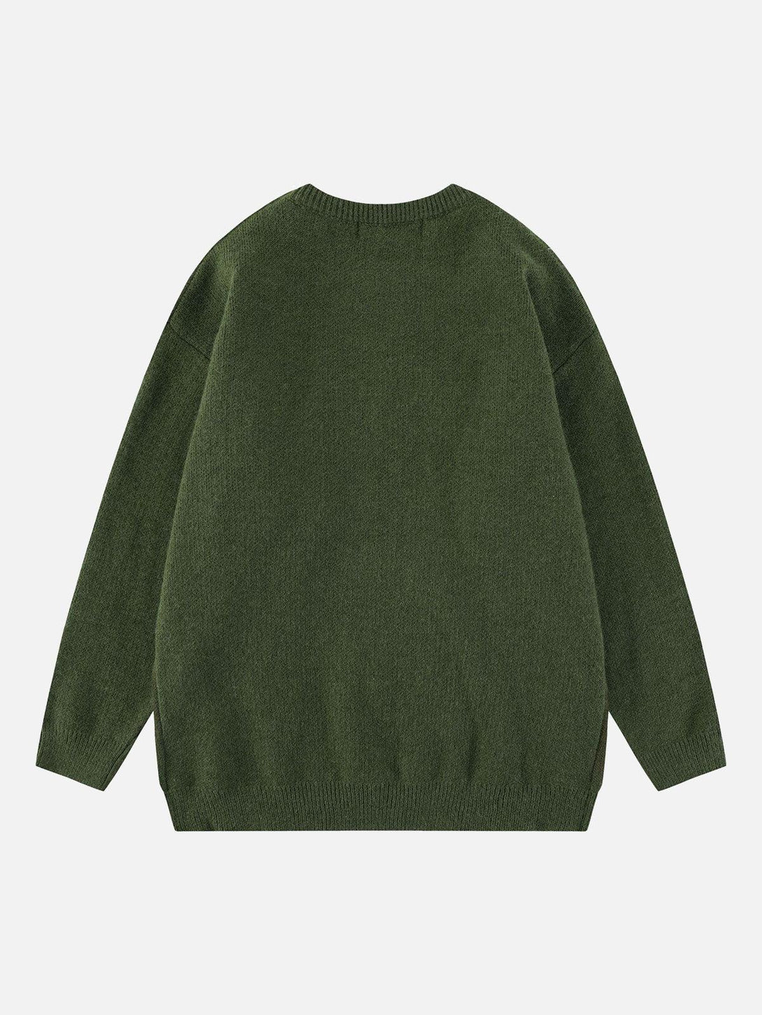 Back view of a green TALISHKO retro gradient crewneck sweater with a relaxed, cozy fit.