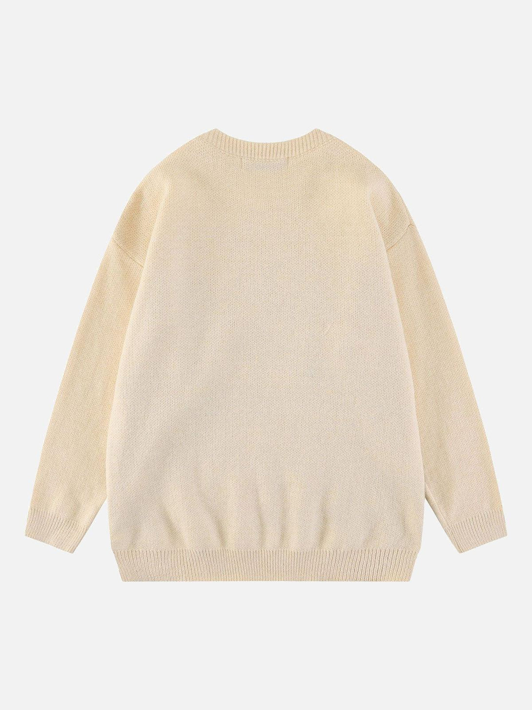 Back view of a TALISHKO retro gradient crewneck sweater in a soft, neutral tone.