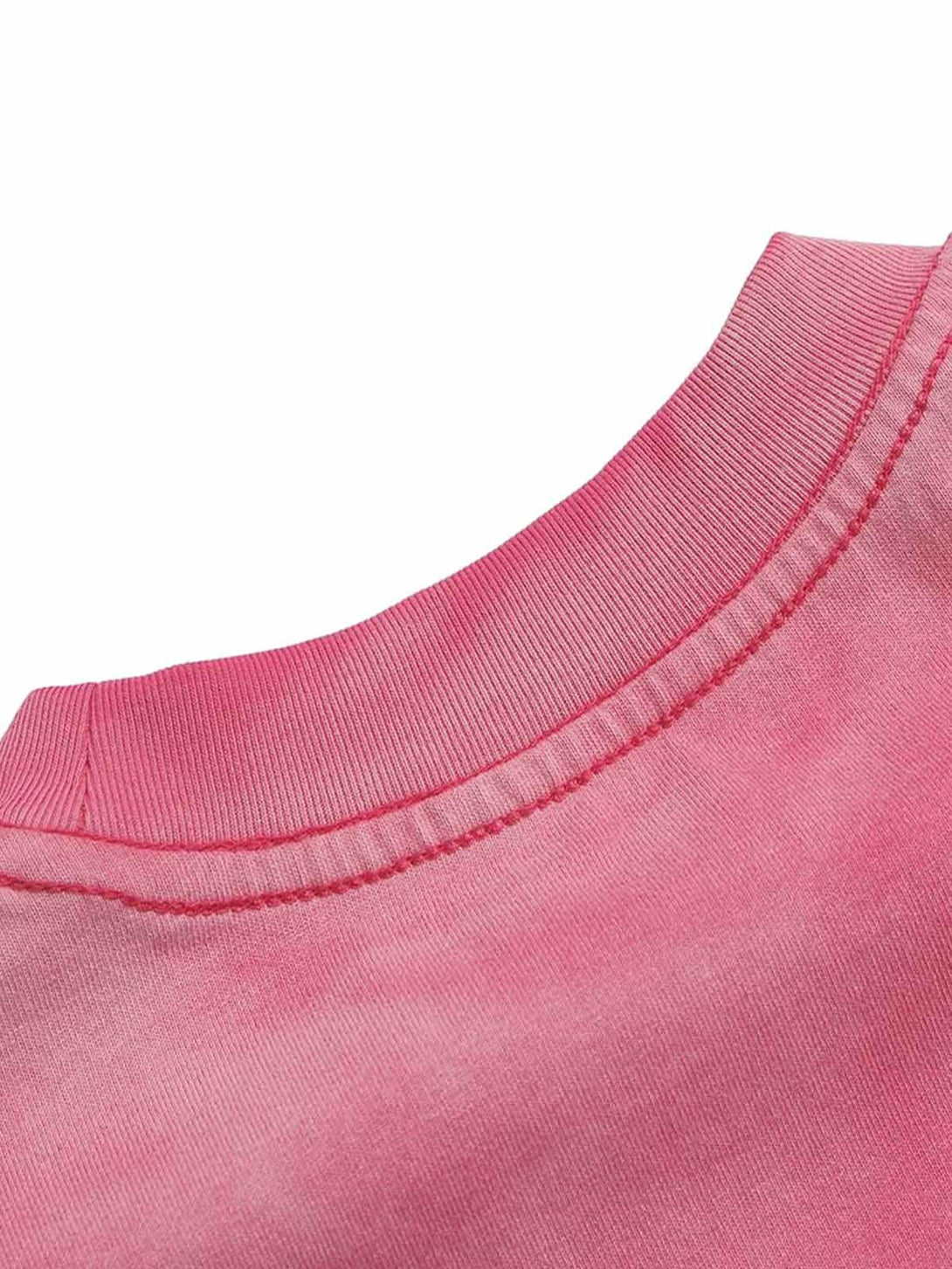 Intricate look at the ribbed neckline of a pink TALISHKO retro gradient T-shirt.