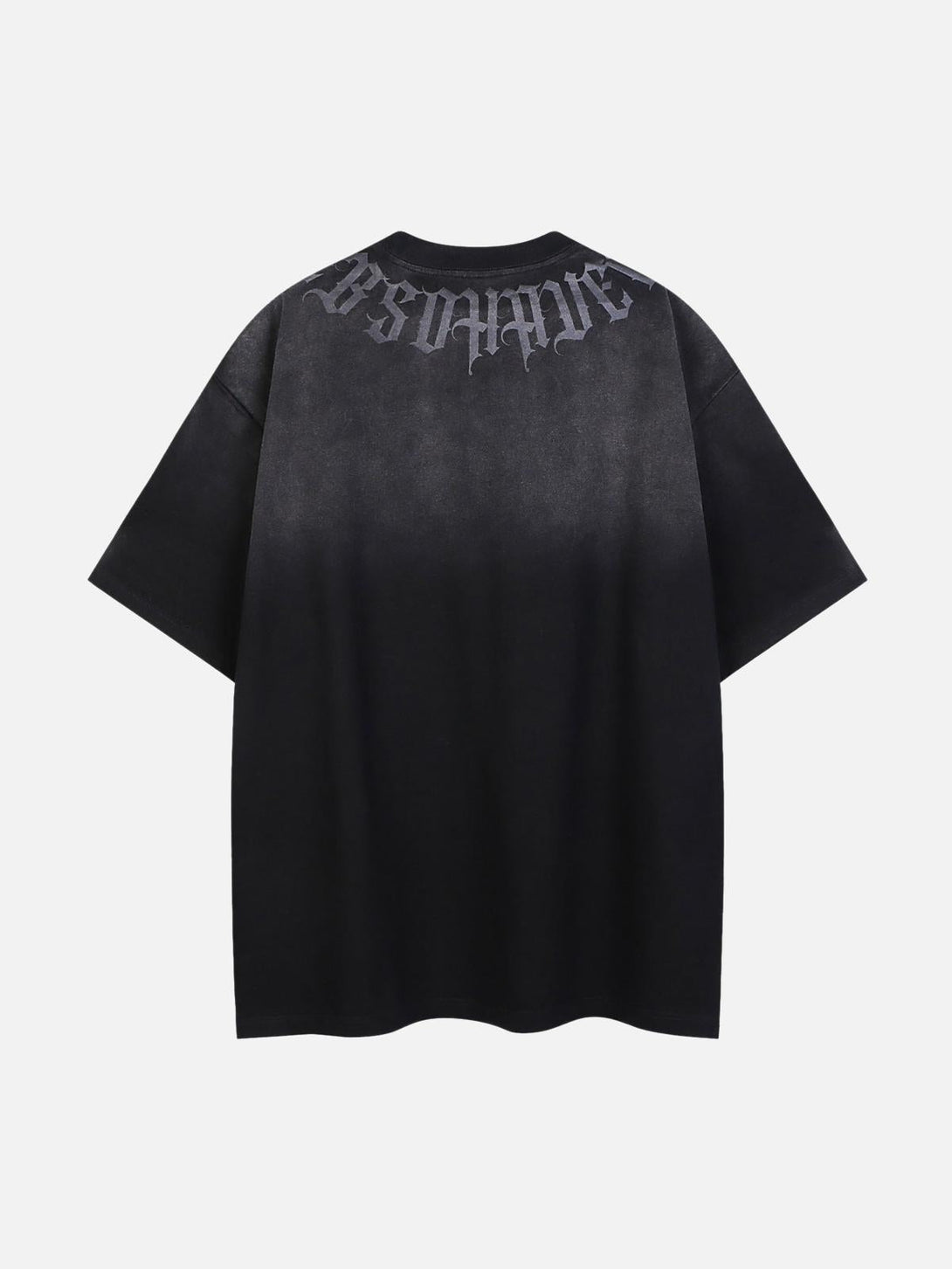 Back view of TALISHKO's oversized T-shirt, showcasing gradient lettering on a black washed fabric.