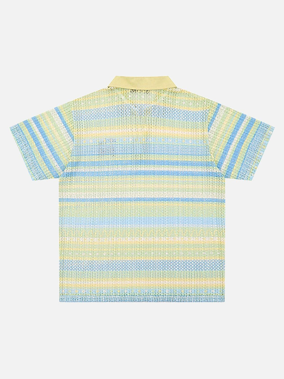 Back view of a retro gradient striped polo shirt by TALISHKO, featuring a hollow pattern.
