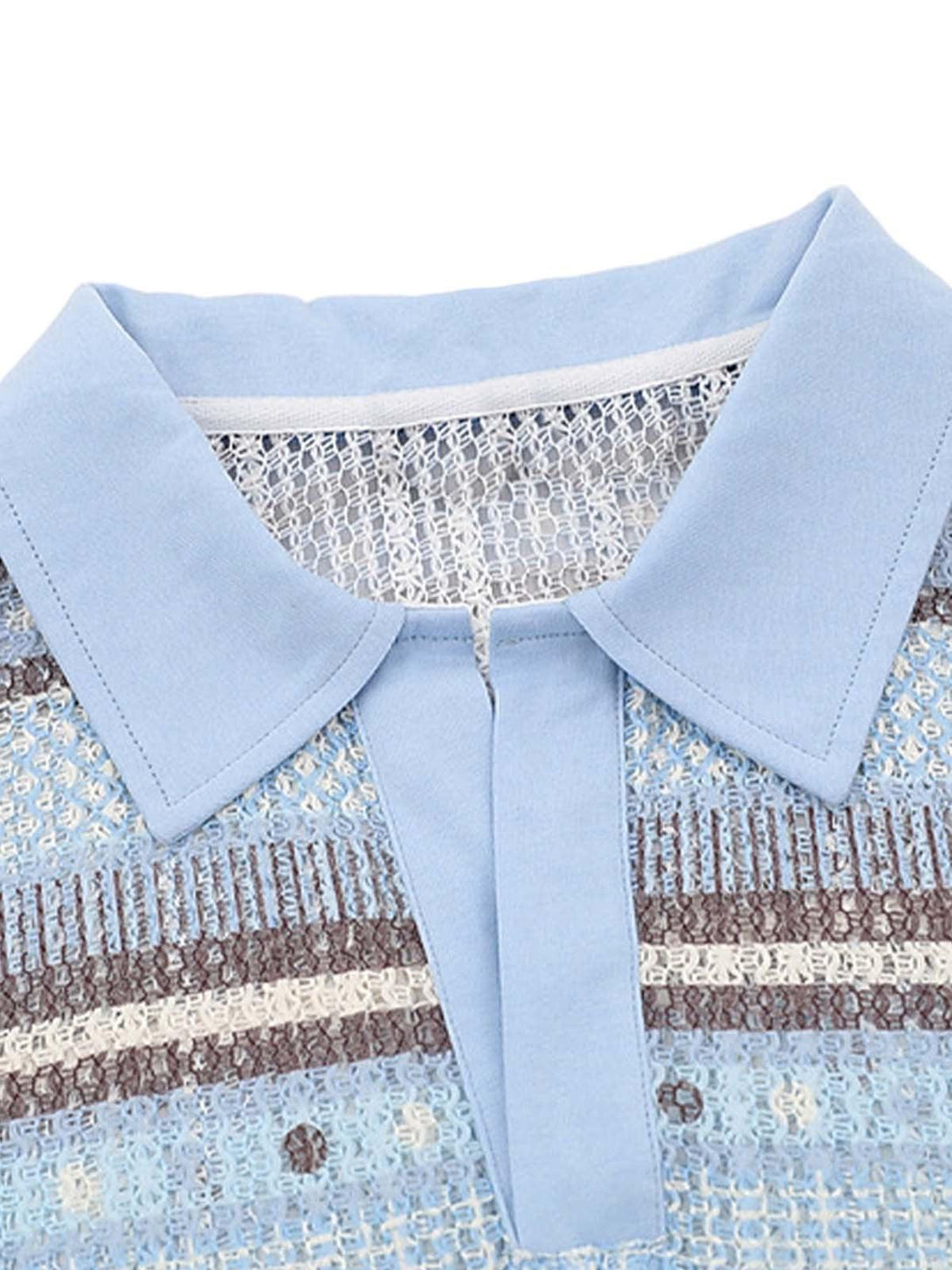 A close-up of a blue retro striped polo shirt collar by TALISHKO, highlighting its texture.