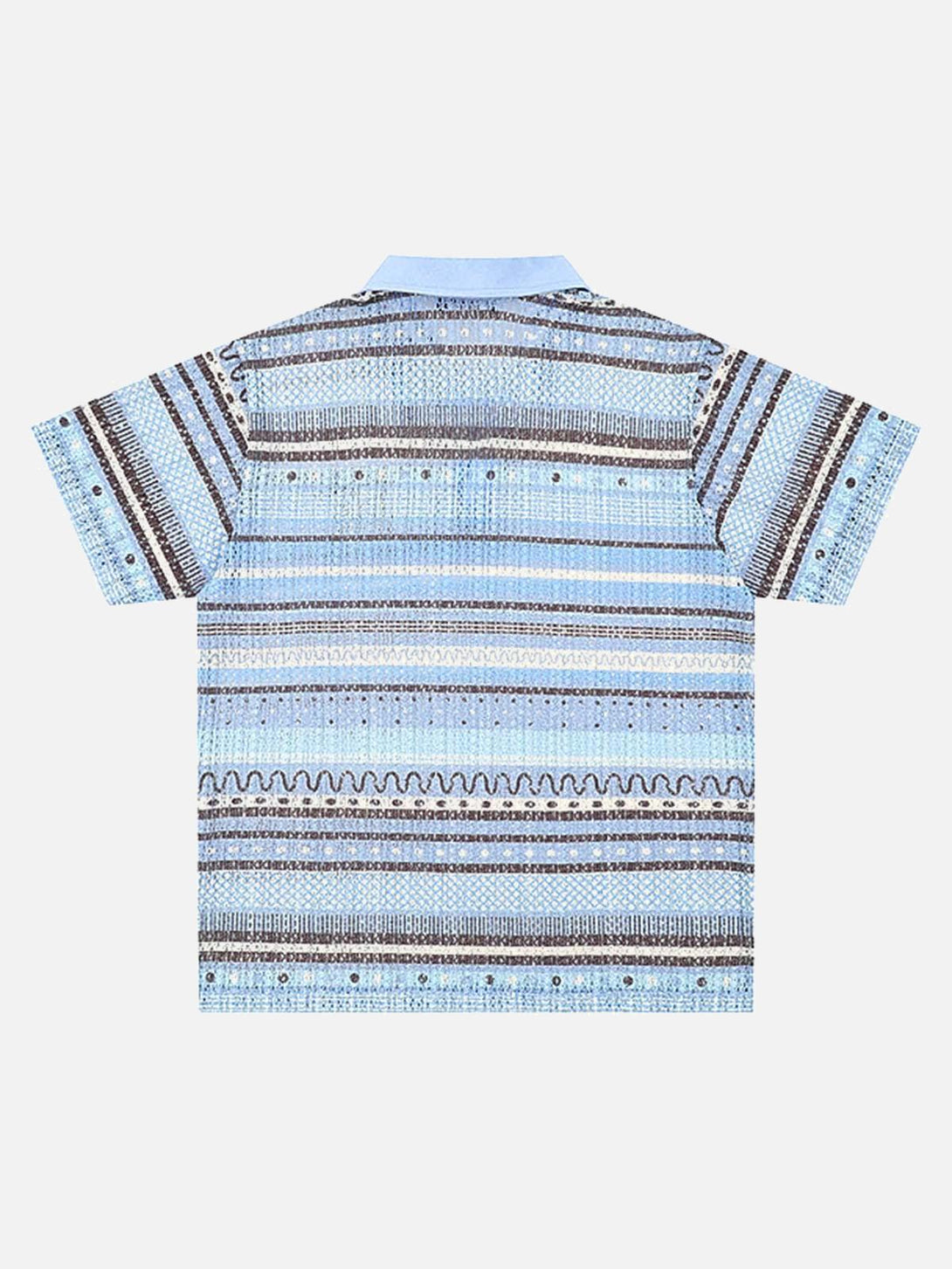 Back view of a blue retro striped polo shirt by TALISHKO, showcasing its intricate pattern.