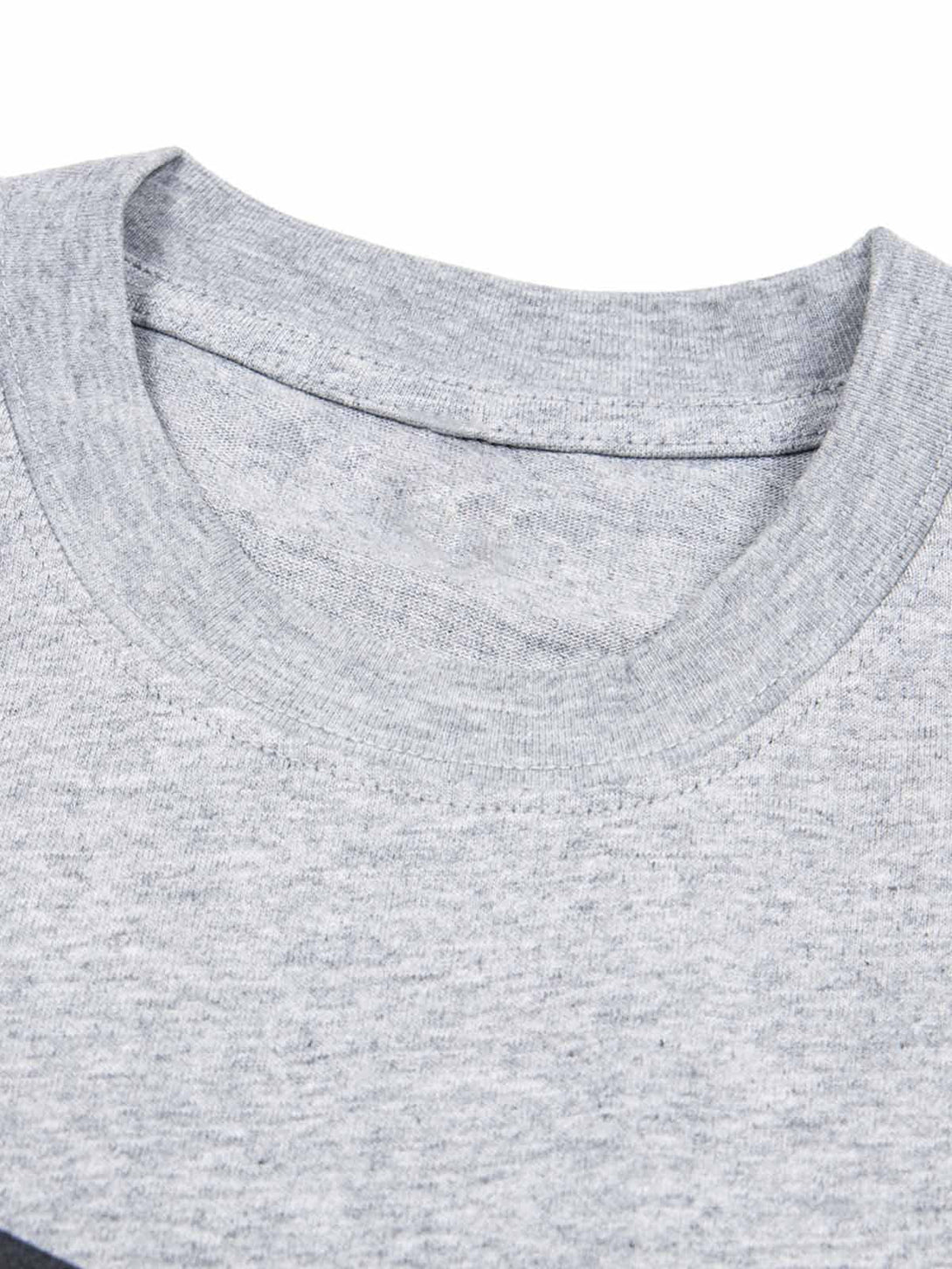 Detailed neckline view of TALISHKO T-shirt, showcasing soft gray fabric and quality stitching.