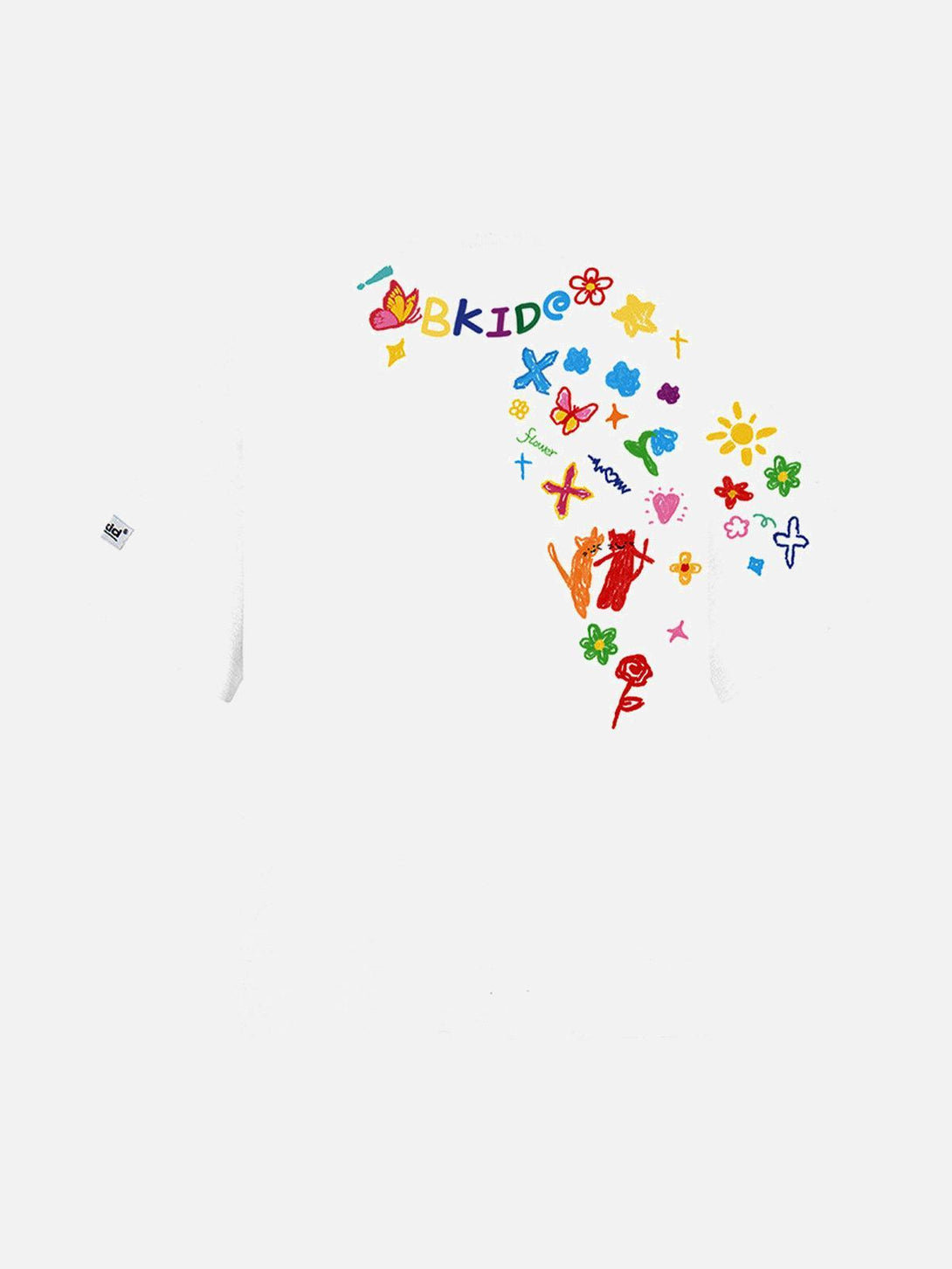 Front view of a white T-shirt by TALISHKO with colorful hand-painted retro graffiti designs.