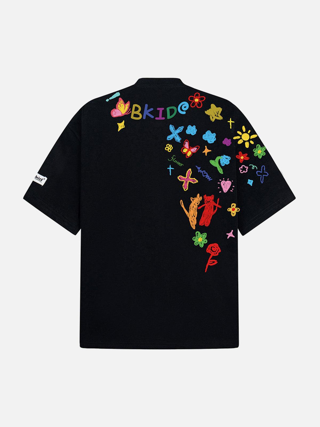 Back view of a black T-shirt by TALISHKO, featuring colorful hand-painted graffiti designs.
