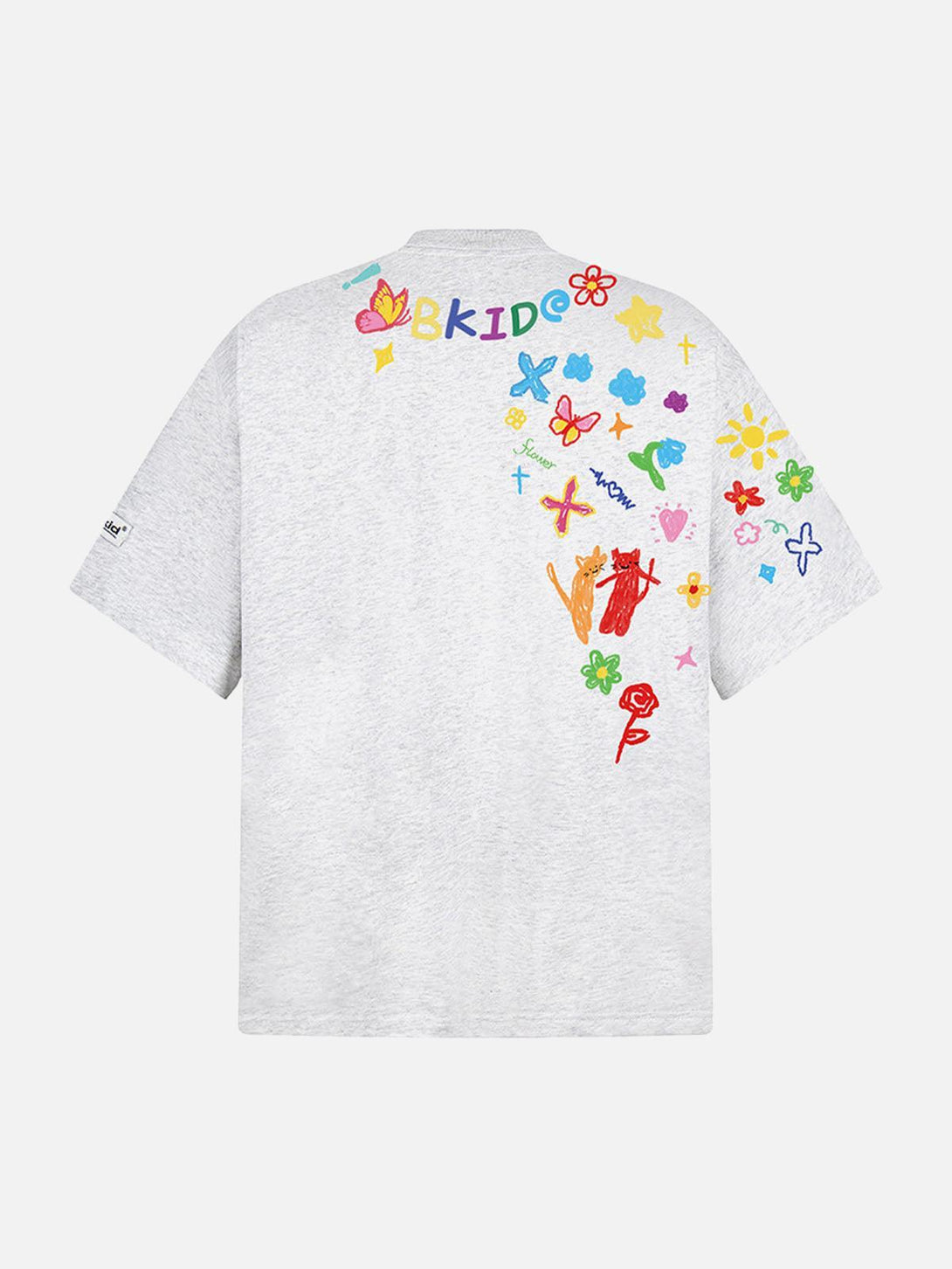 Back view of a gray T-shirt by TALISHKO, showcasing colorful hand-painted graffiti designs.