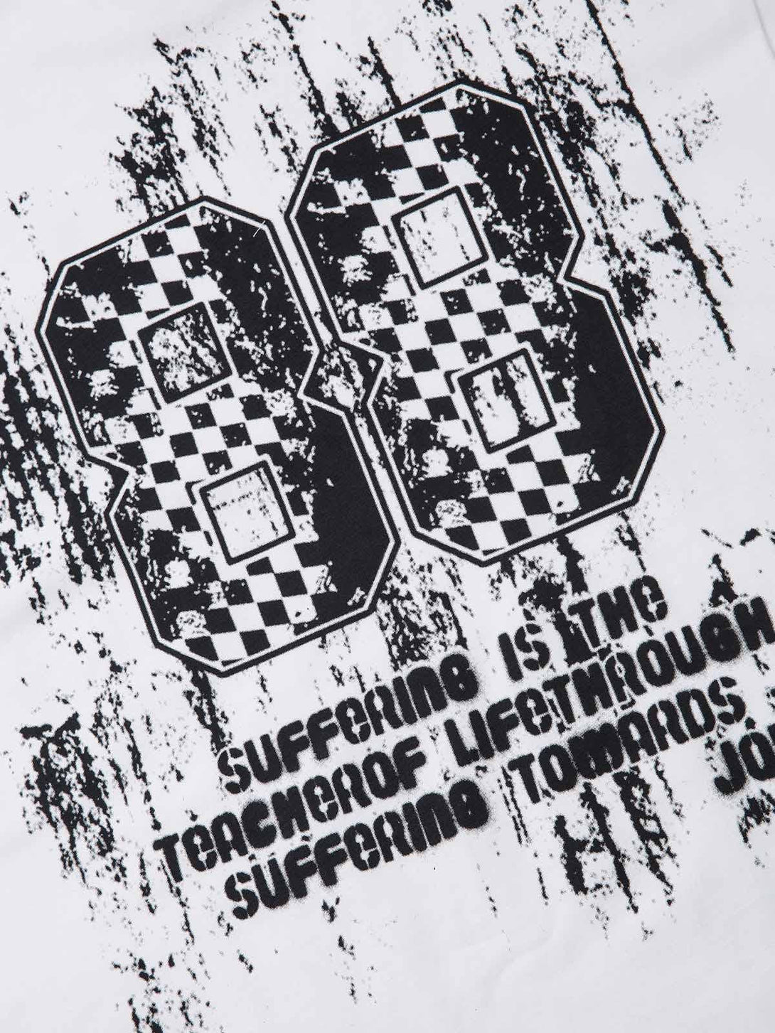 Focusing on TALISHKO's retro T-shirt, featuring a bold black and white checkered number design.