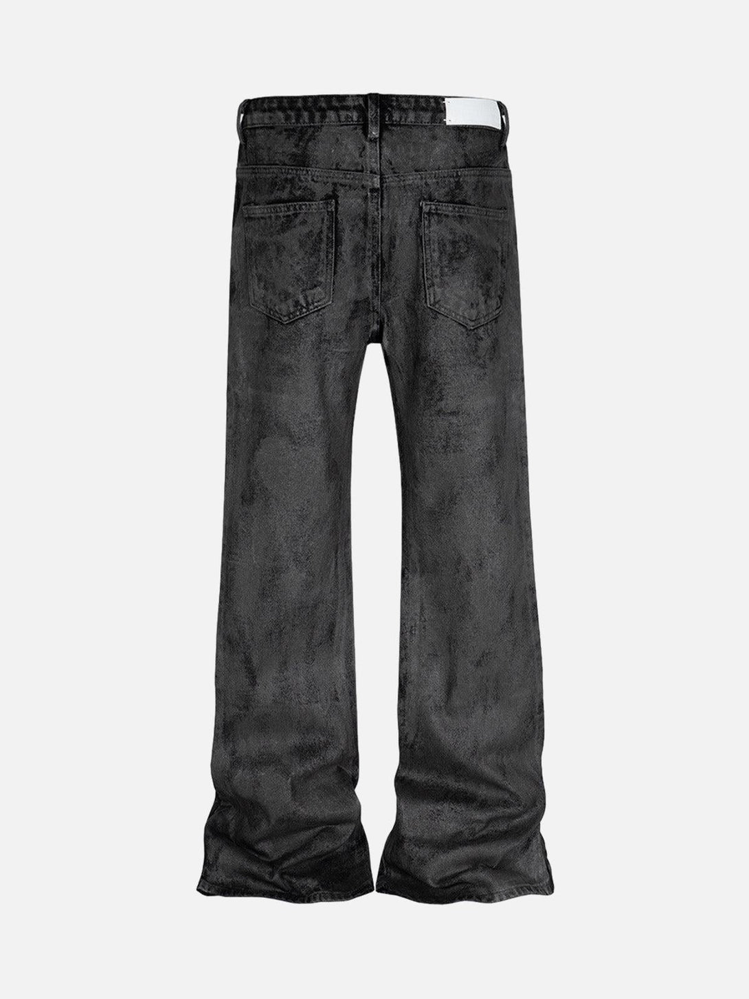 Back view of TALISHKO retro hand-brushed glitter flare jeans showcasing a textured finish.