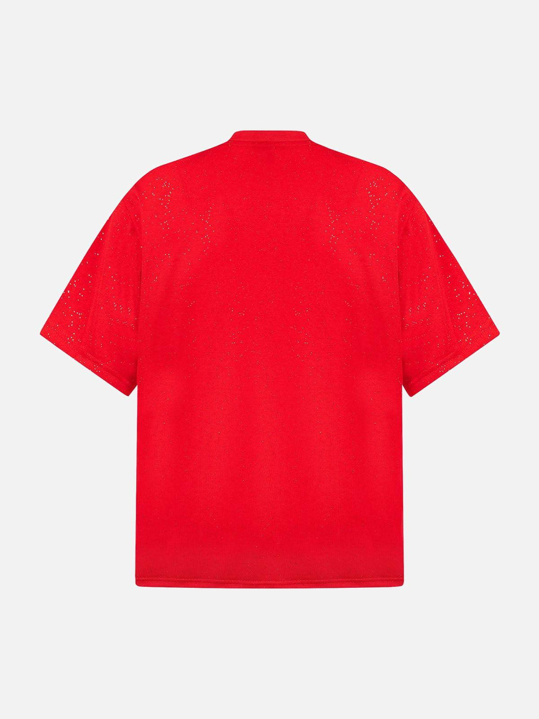 Back view of TALISHKO's red short-sleeved T-shirt showcasing a subtle starry pattern.
