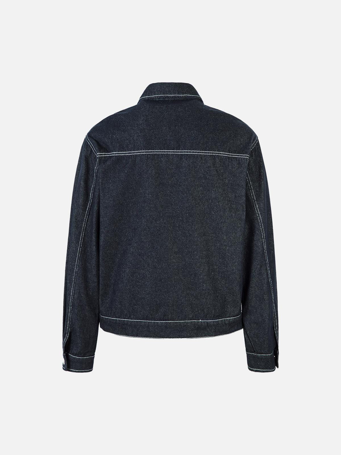 Back view of TALISHKO's retro denim jacket, showcasing contrast stitching and classic design.