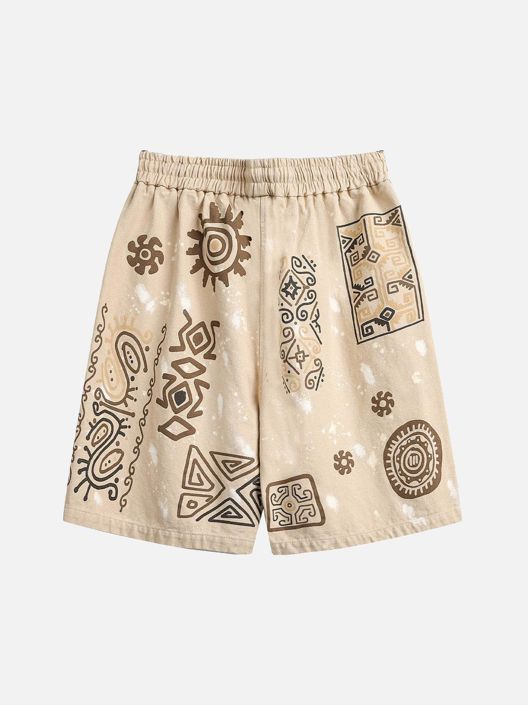 Retro-inspired hip-hop shorts by TALISHKO, featuring unique hieroglyphic patterns on a beige background.