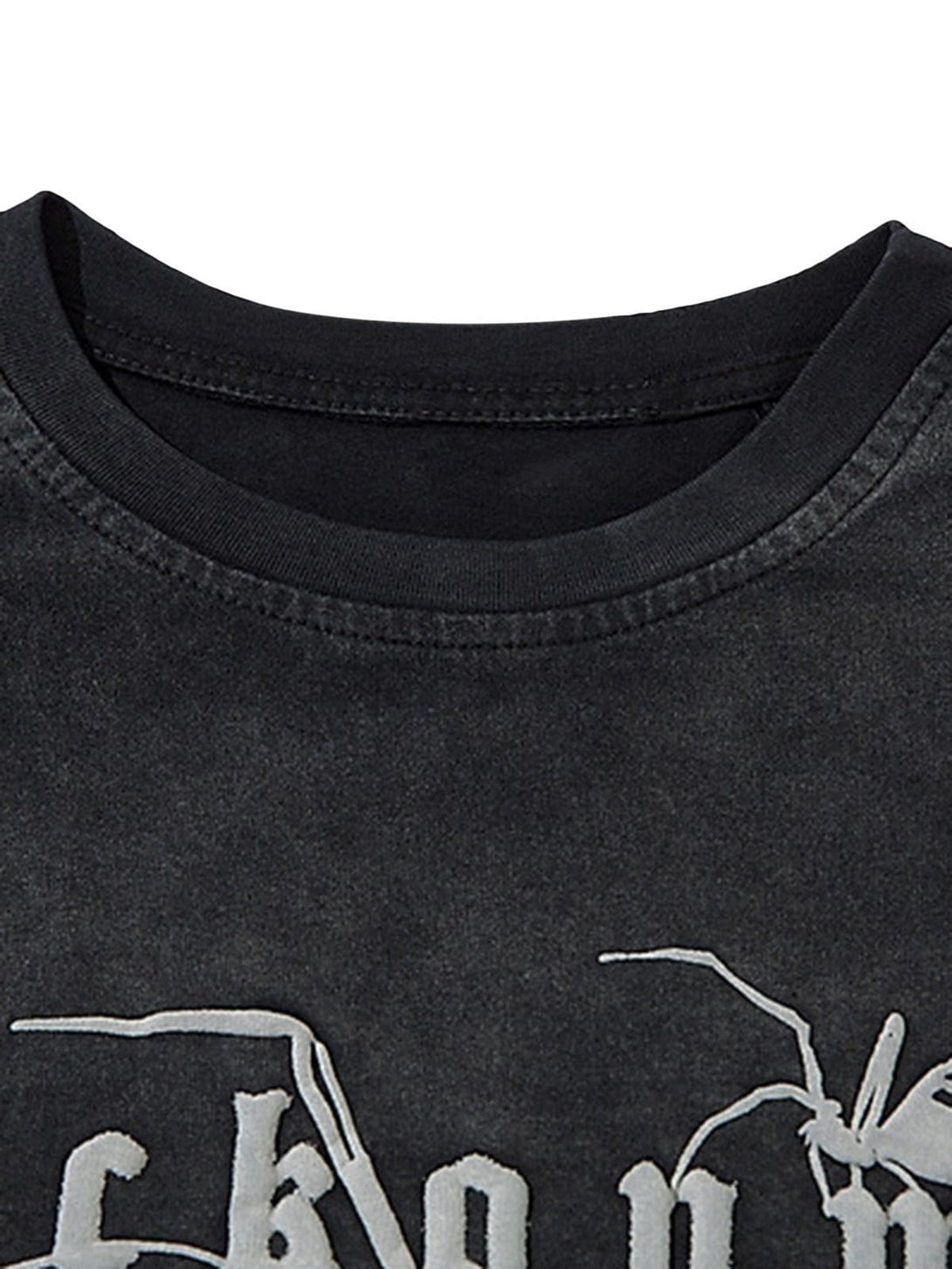 A detailed view of the neckline on a TALISHKO t-shirt, highlighting its retro spider pattern.