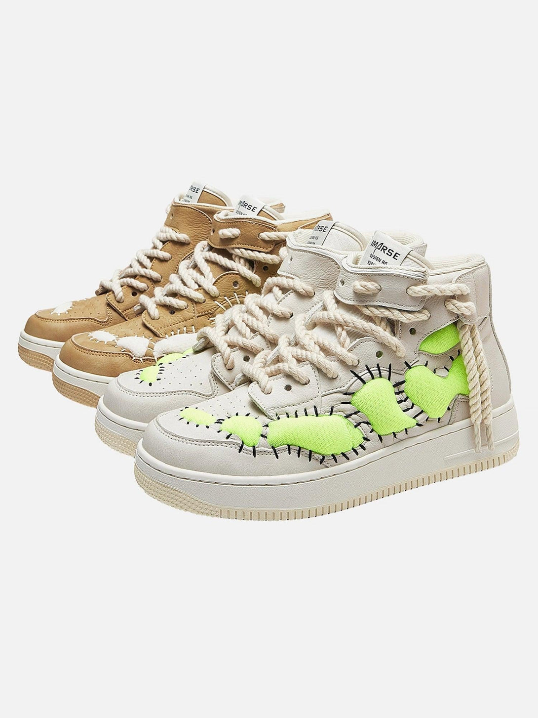 TALISHKO retro high-top sneakers in beige and khaki, featuring neon green details and rope laces.