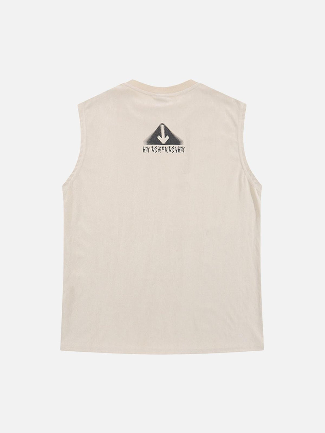 Back view of a beige vest by TALISHKO, featuring abstract design and lettering for a retro vibe.