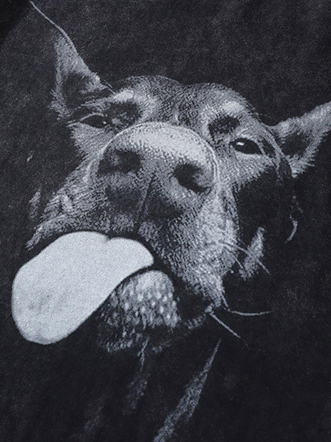 A zoomed-in view of TALISHKO's retro hip-hop T-shirt with a bold Doberman design.