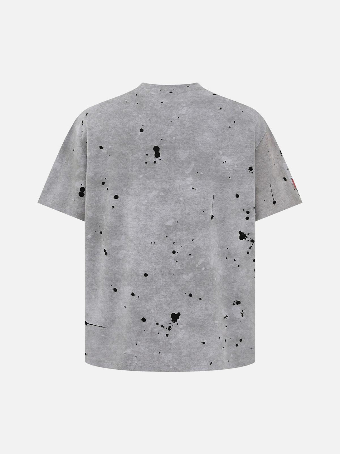 Gray ink-splattered T-shirt back view by TALISHKO, offering a unique artistic flair.