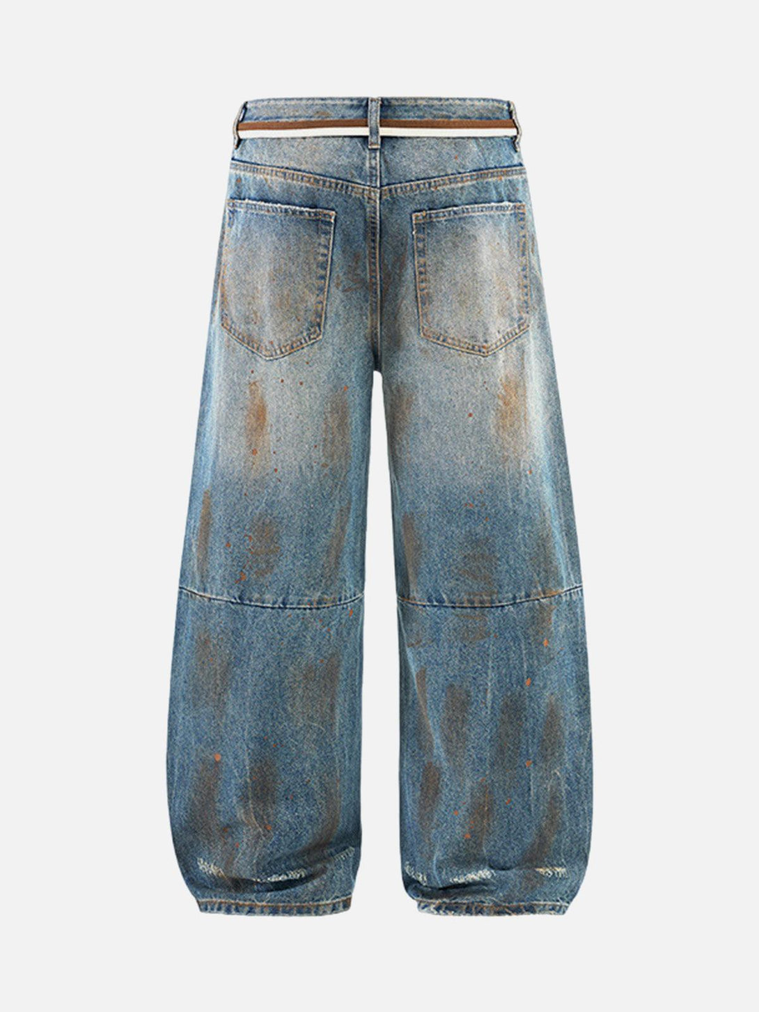 Back view of TALISHKO retro ink-splashed jeans, showcasing unique distressed detailing.