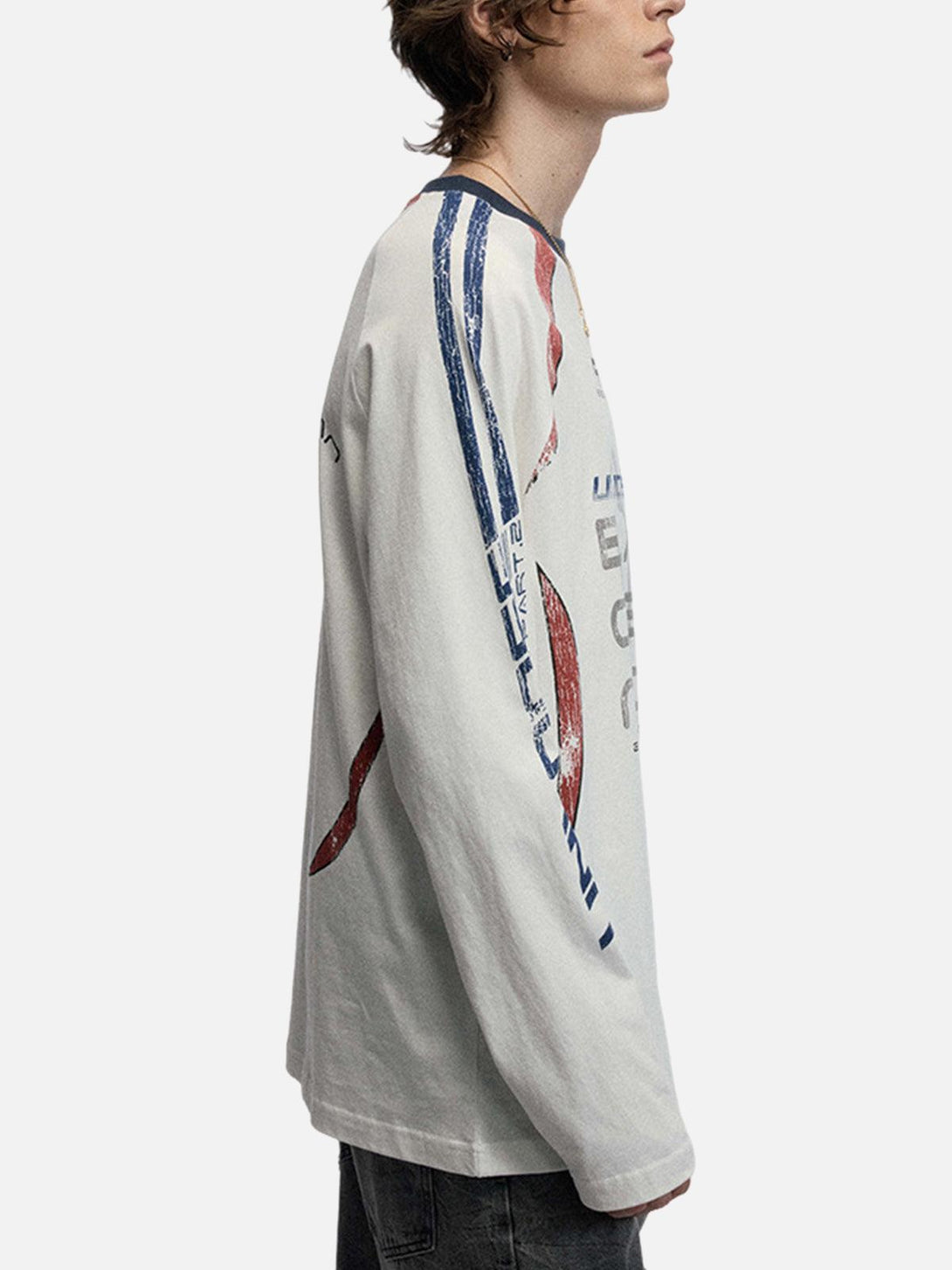 Side view of TALISHKO oversized long sleeves T-shirt with retro jersey graphics.