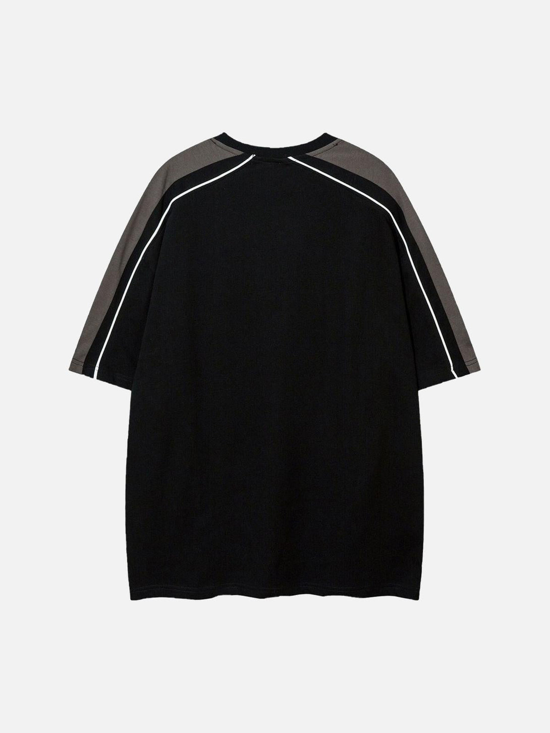 Back view of black retro jersey T-shirt by TALISHKO, featuring stylish contrasting stripes.