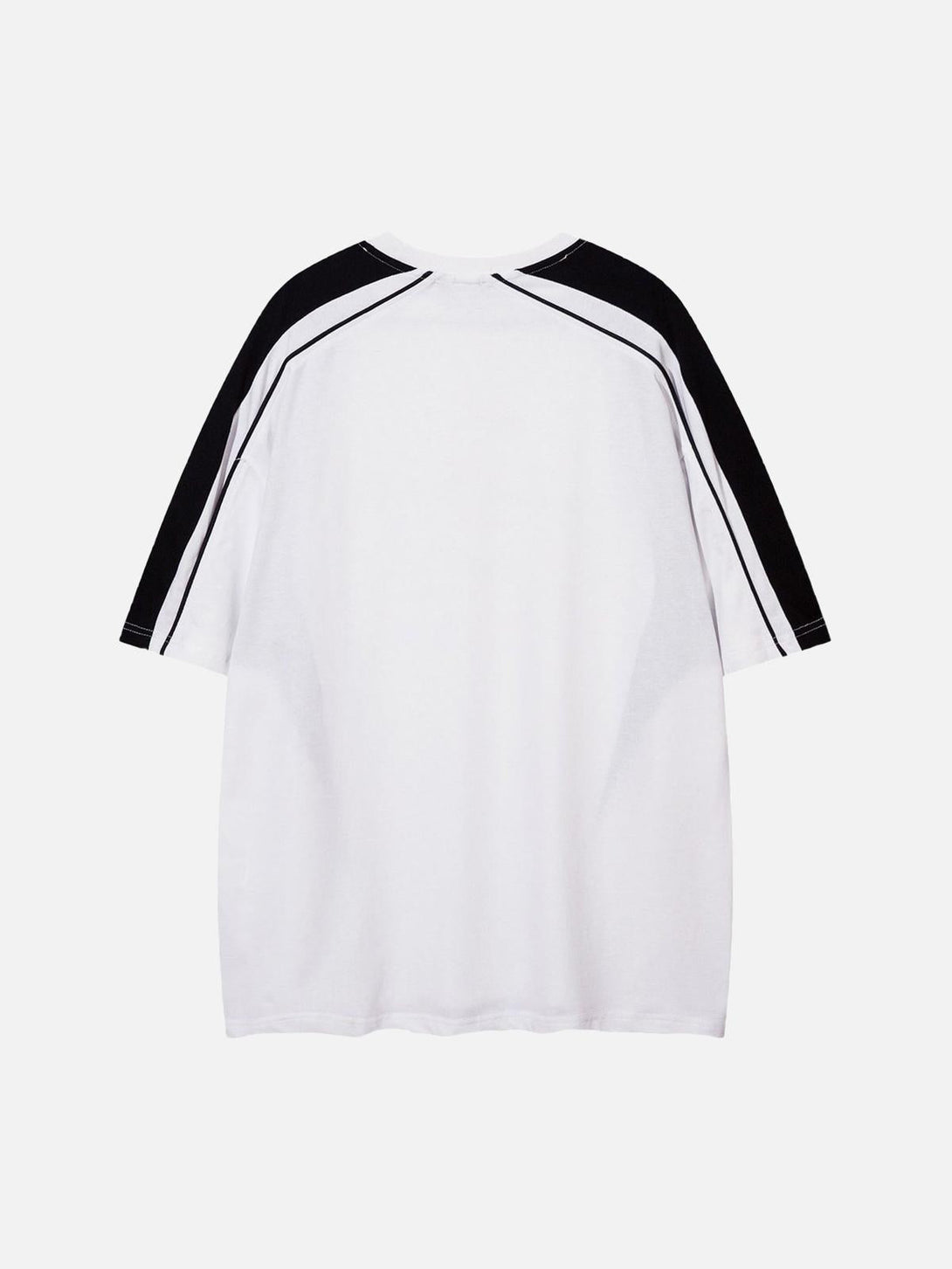 Back view of a white retro jersey short-sleeve T-shirt by TALISHKO with black accents.
