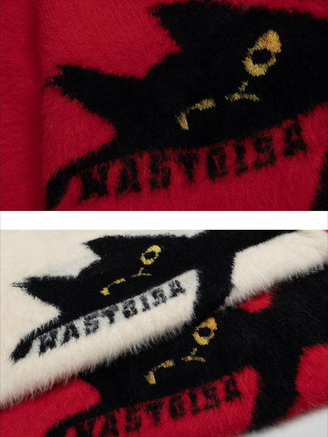 Zoomed-in view of TALISHKO's retro lazy cat sweater, highlighting its cozy texture and playful design.