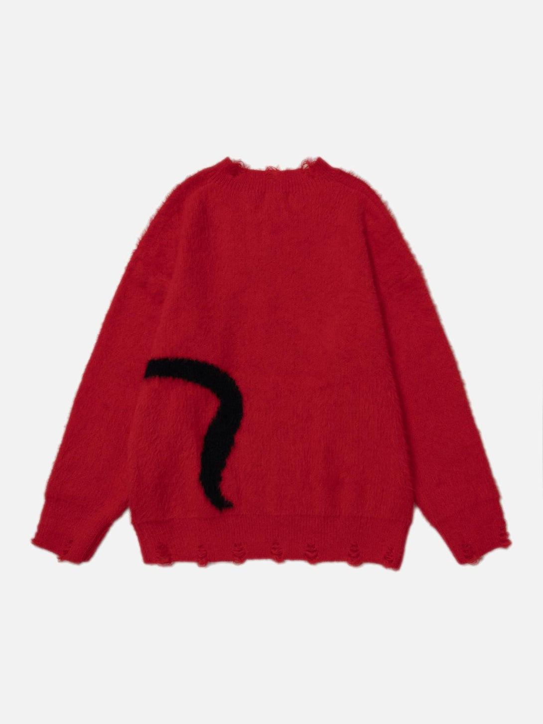 Back view of a red TALISHKO sweater with a playful black cat tail design, adding a quirky touch.