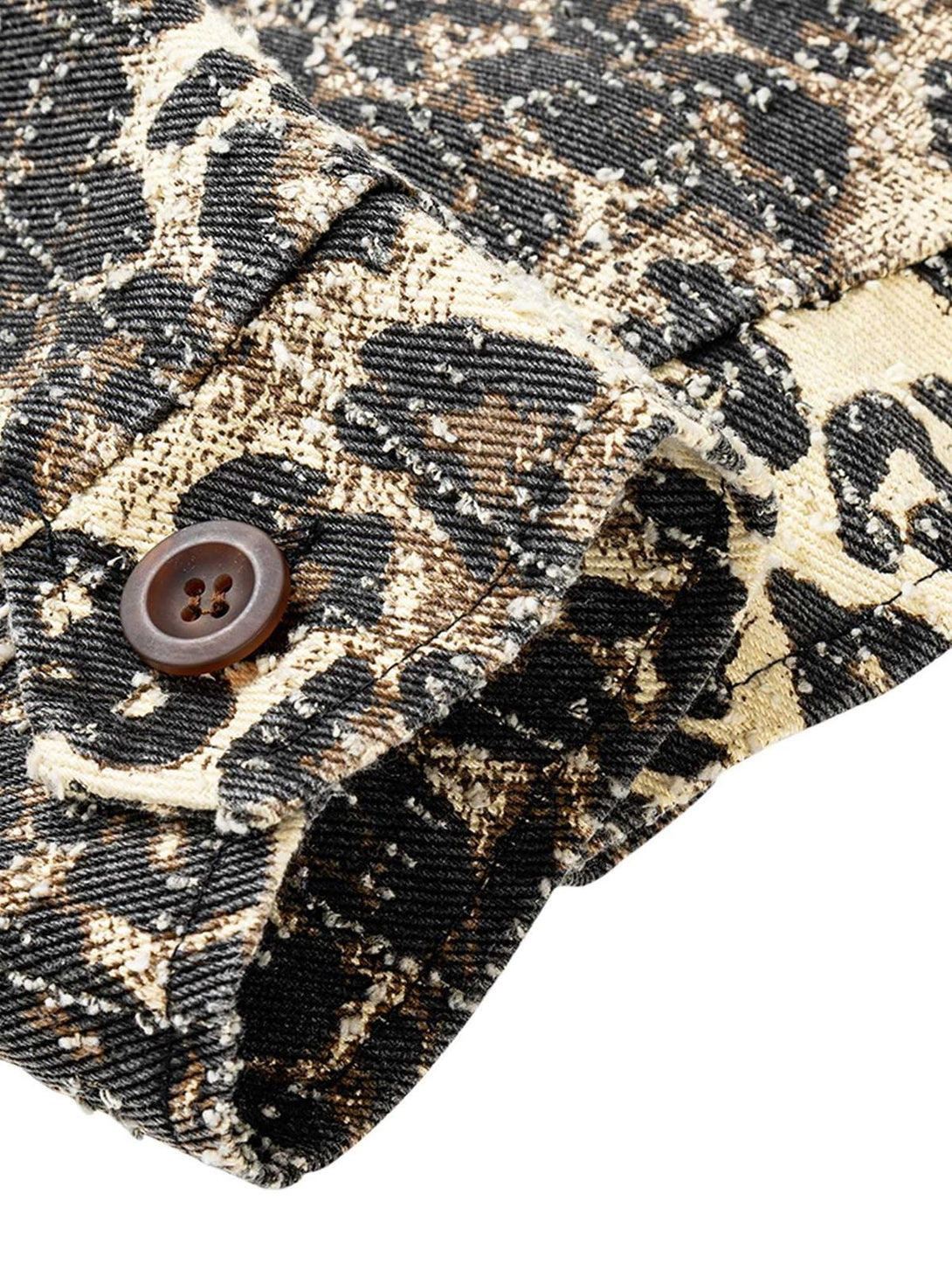 Zoomed-in texture of TALISHKO's retro leopard print denim jacket, highlighting intricate details.