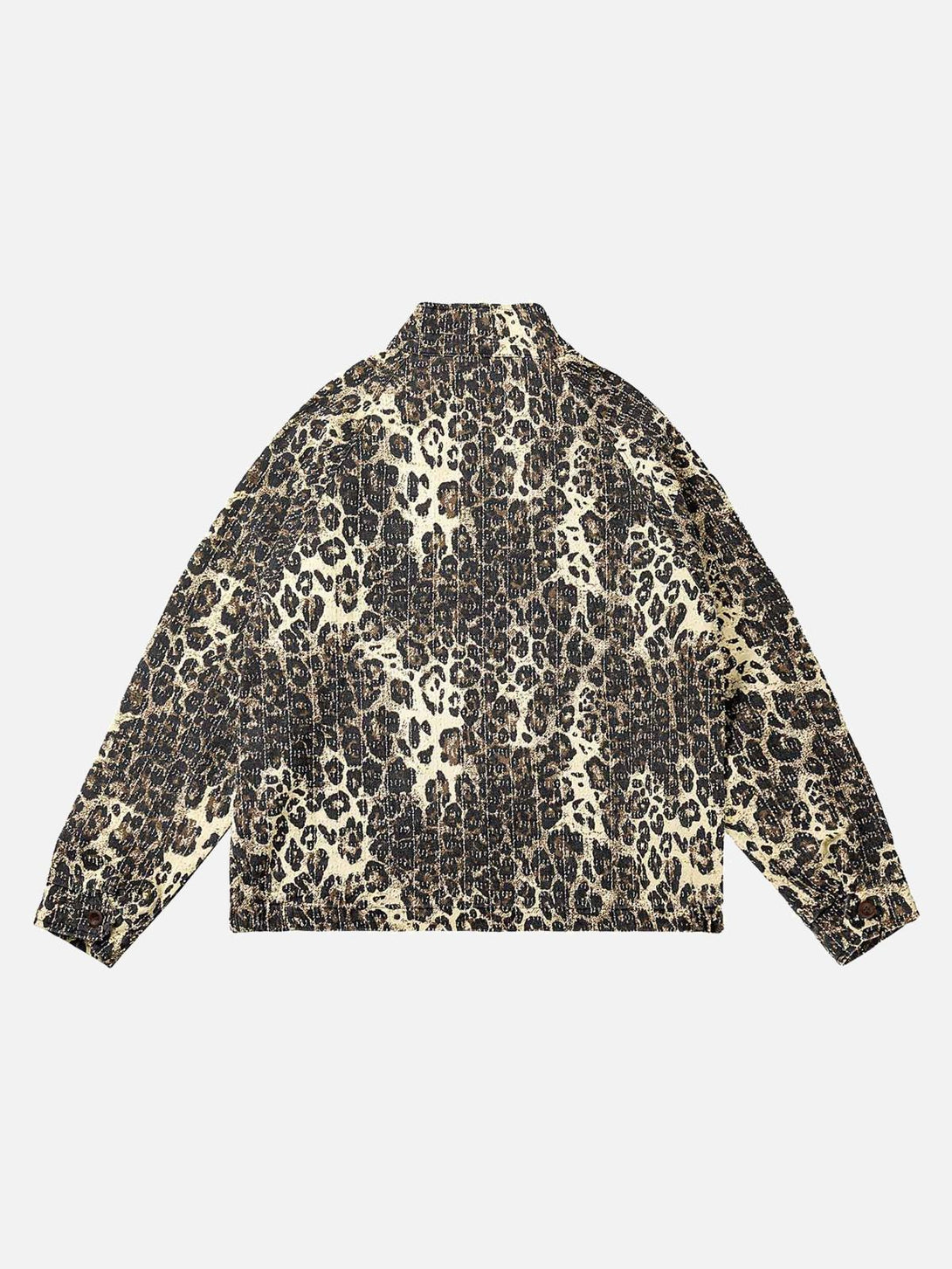 Back view of a retro leopard print denim jacket by TALISHKO, showcasing bold pattern style.