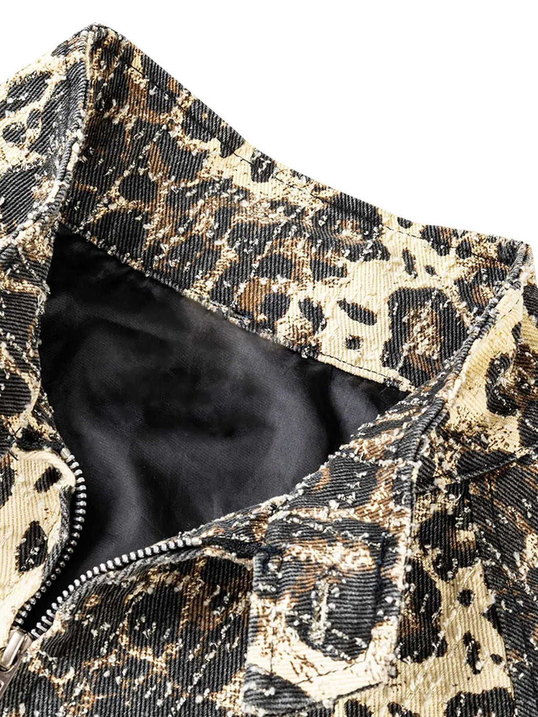 Intricate look at TALISHKO's retro leopard print denim jacket, highlighting unique texture.