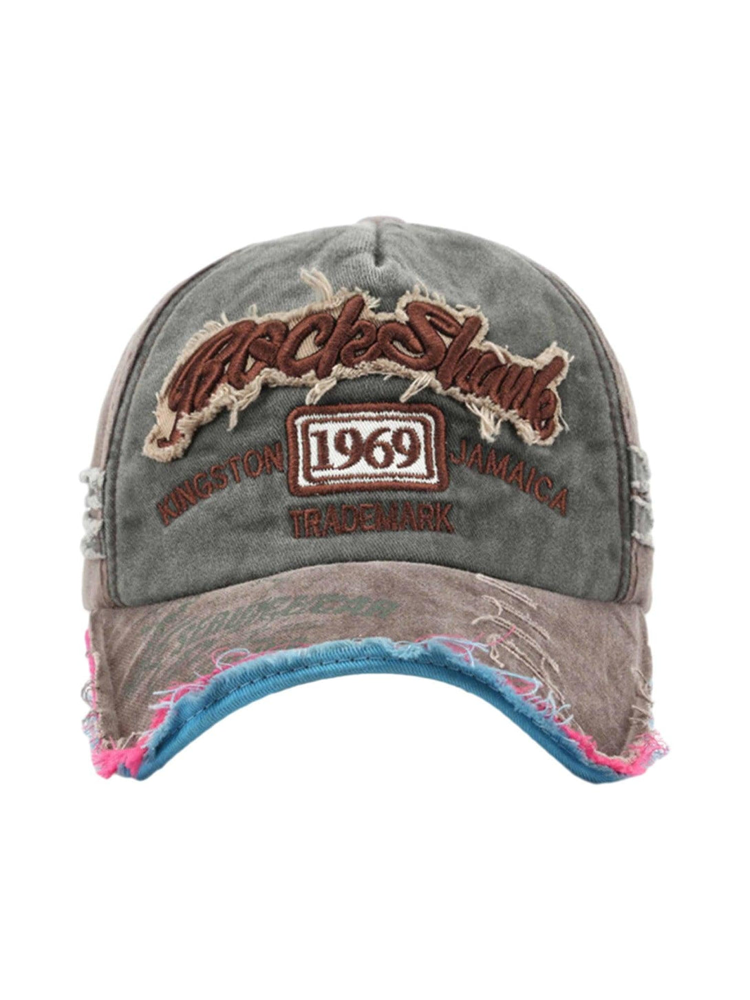 Front view of a distressed denim cap by TALISHKO, featuring bold retro embroidery.