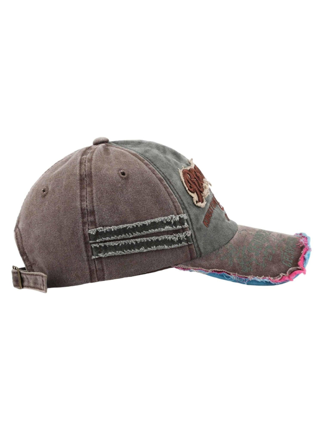 Side view of a TALISHKO retro cap with distressed details and vintage-inspired embroidery.