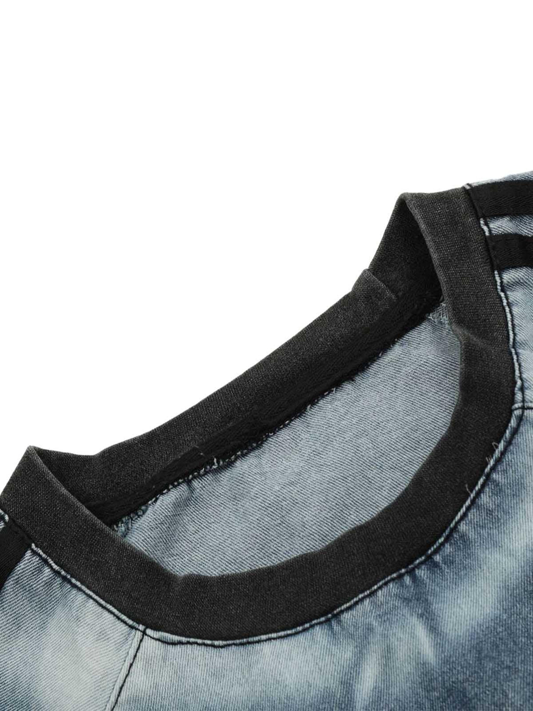 A close-up of the TALISHKO denim T-shirt neckline, highlighting the retro contrast stitching.