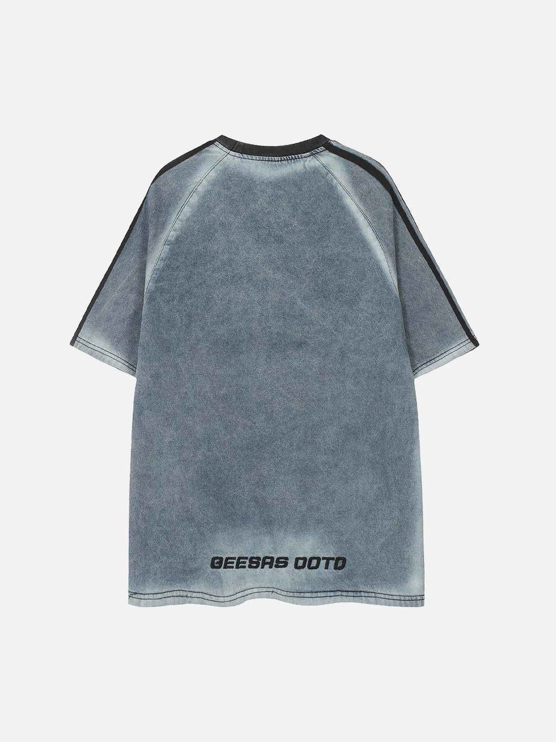 Back view of a TALISHKO denim T-shirt featuring retro embroidery and contrast details.