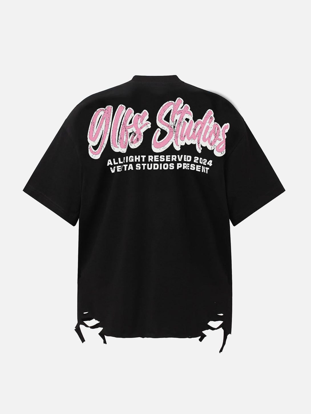 Back view of TALISHKO retro graphic T-shirt with bold lettering and a distressed hem design.