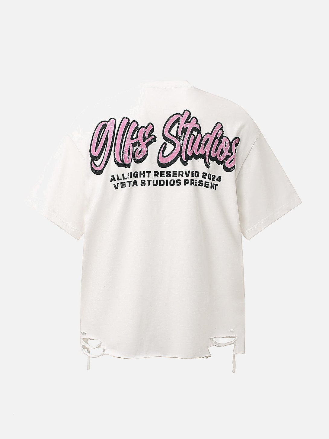 Back view of TALISHKO retro letter graphic T-shirt featuring bold pink text and distressed hem.