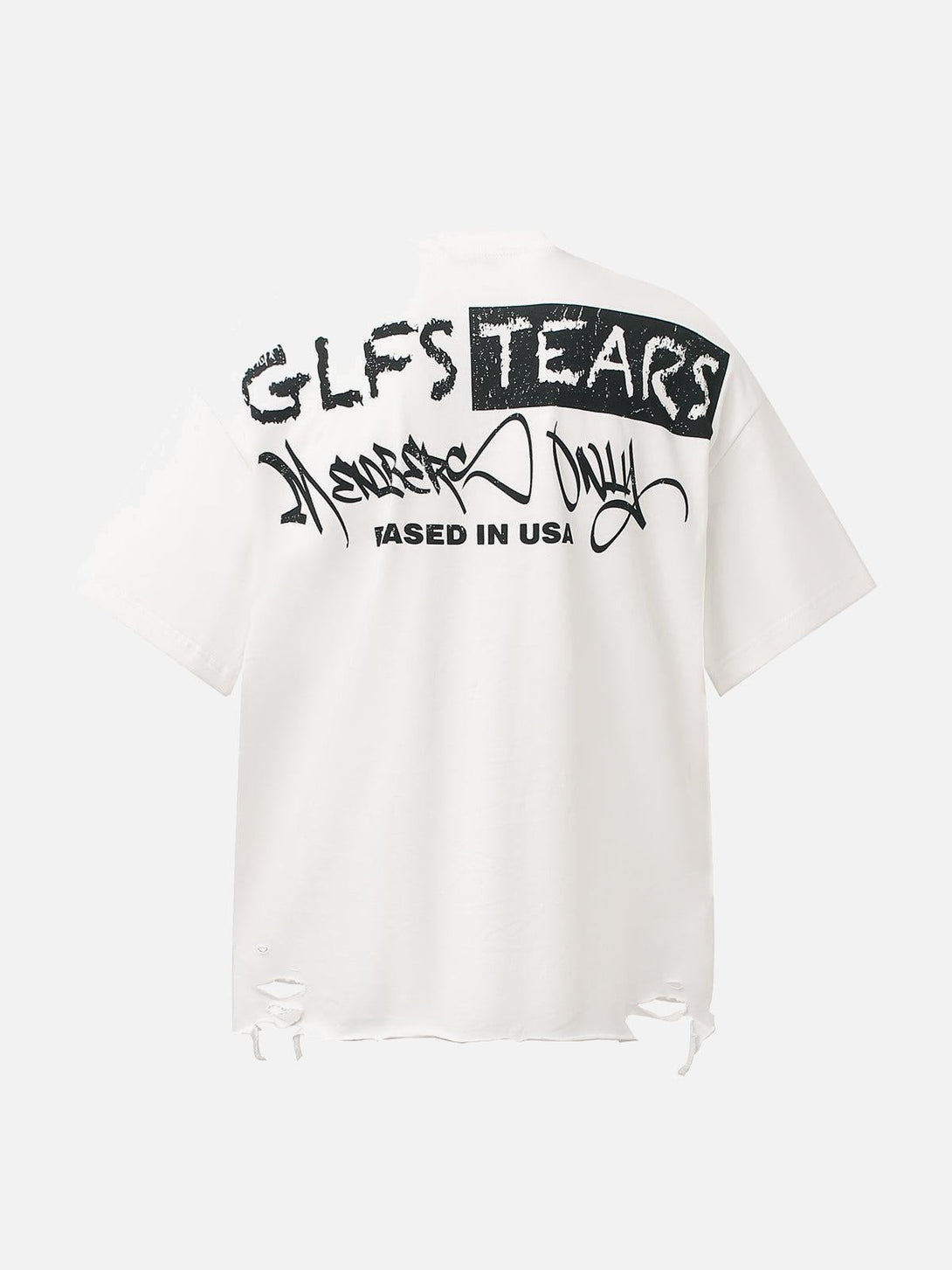 Back view of a TALISHKO graphic T-shirt with bold lettering and distressed hem details.