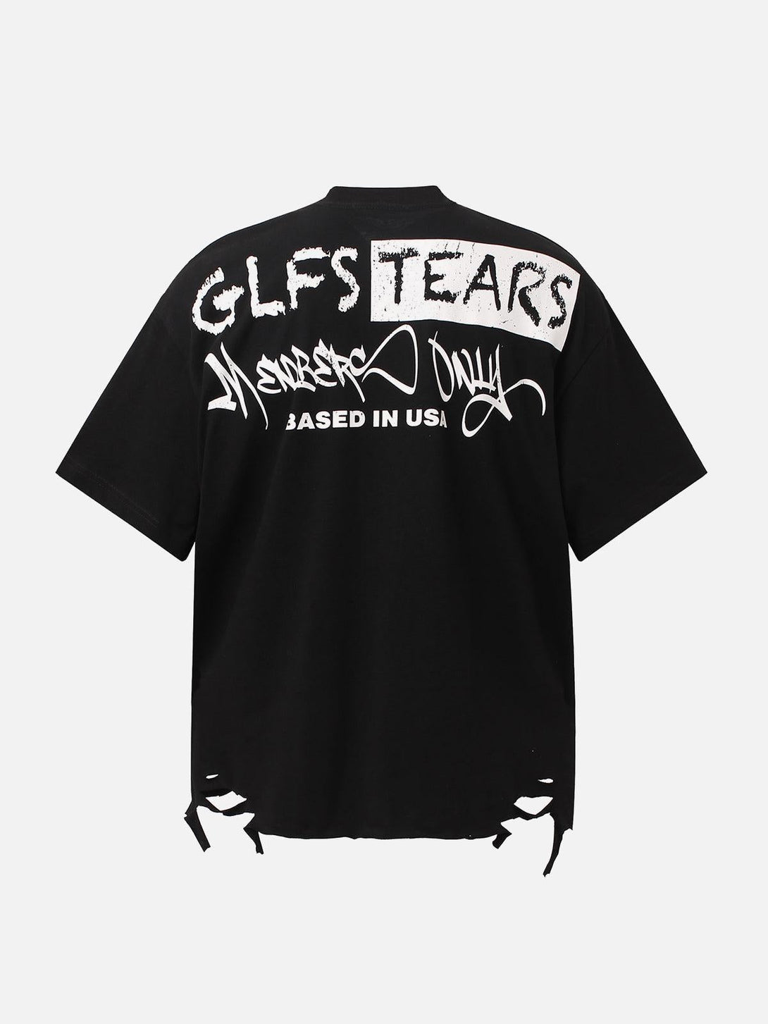 Back view of TALISHKO graphic T-shirt with bold lettering and distressed hem, perfect for casual wear.