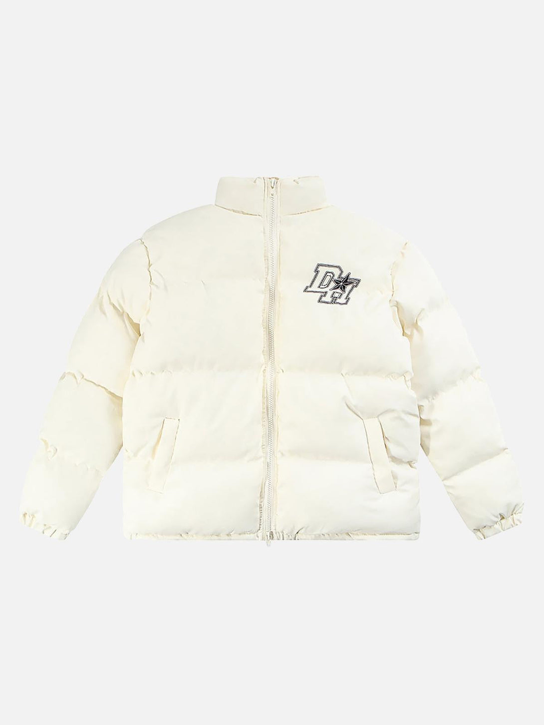 Front view of cream down jacket with retro letter print design by TALISHKO.