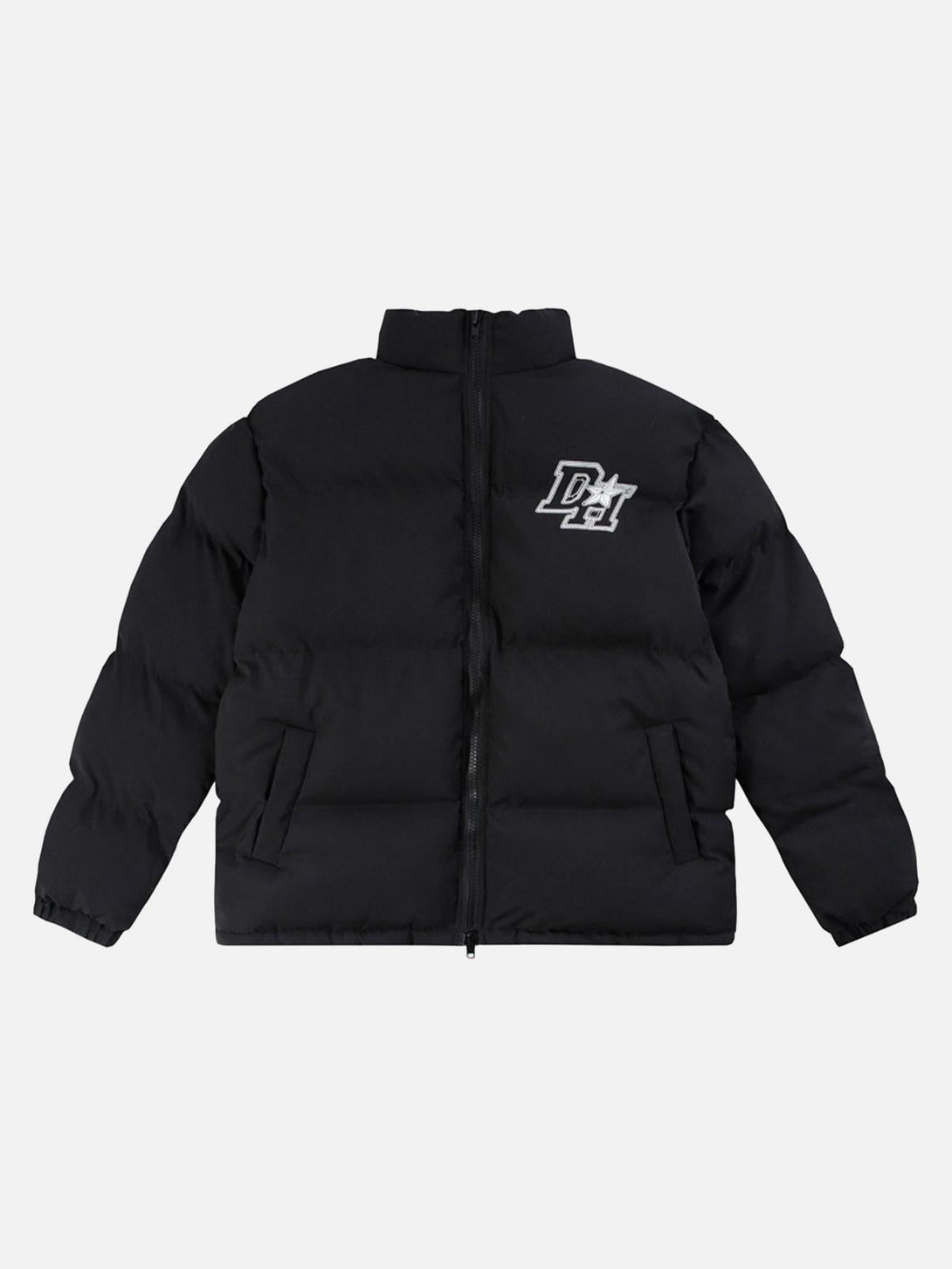Front view of black down jacket featuring a retro letter print and star detail by TALISHKO.
